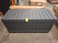 2 X KETER KENTWOOD 350L OUTDOOR STORAGE BOXES (NOTE ONE PRE-BUILT AND ONE IN BOX )