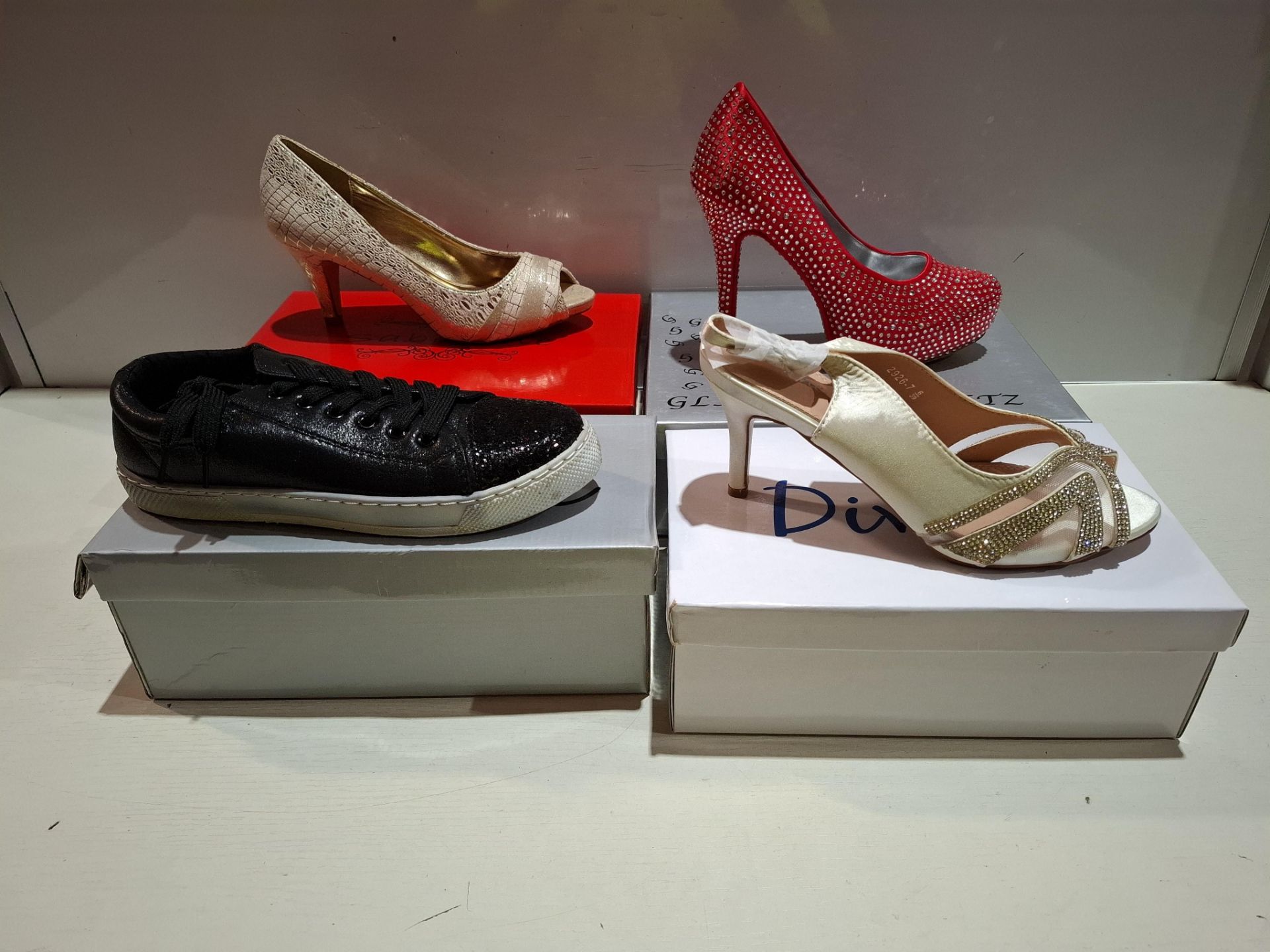 56 X BRAND NEW PAIRS OF MIXED SHOES LOT TO INCLUDE DIVINE TRAINERS IN BLACK , SABATINE OPEN TOE