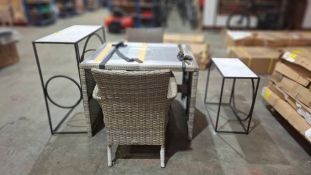 5 X PIECE GARDEN LOT TO INCLUDE 1 X SQUARE GLASS TOP TABLE  ,2 X RATTAN CHAIRS , 2 X MARBLE / METAL