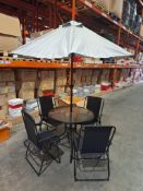 1 X STUDIO OXFORD 6PC PATIO SET TO INCLUDE 1 X ROUND GLASS TABLE TOP , 4 X FOLDING CHAIRS AND 1