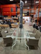 6 X PIECE GARDEN LOT TO INCLUDE 1 X GLASS TOP TABLE IN BOX , 4 X RATTAN CHAIRS , 1 X PARASOL IN BOX