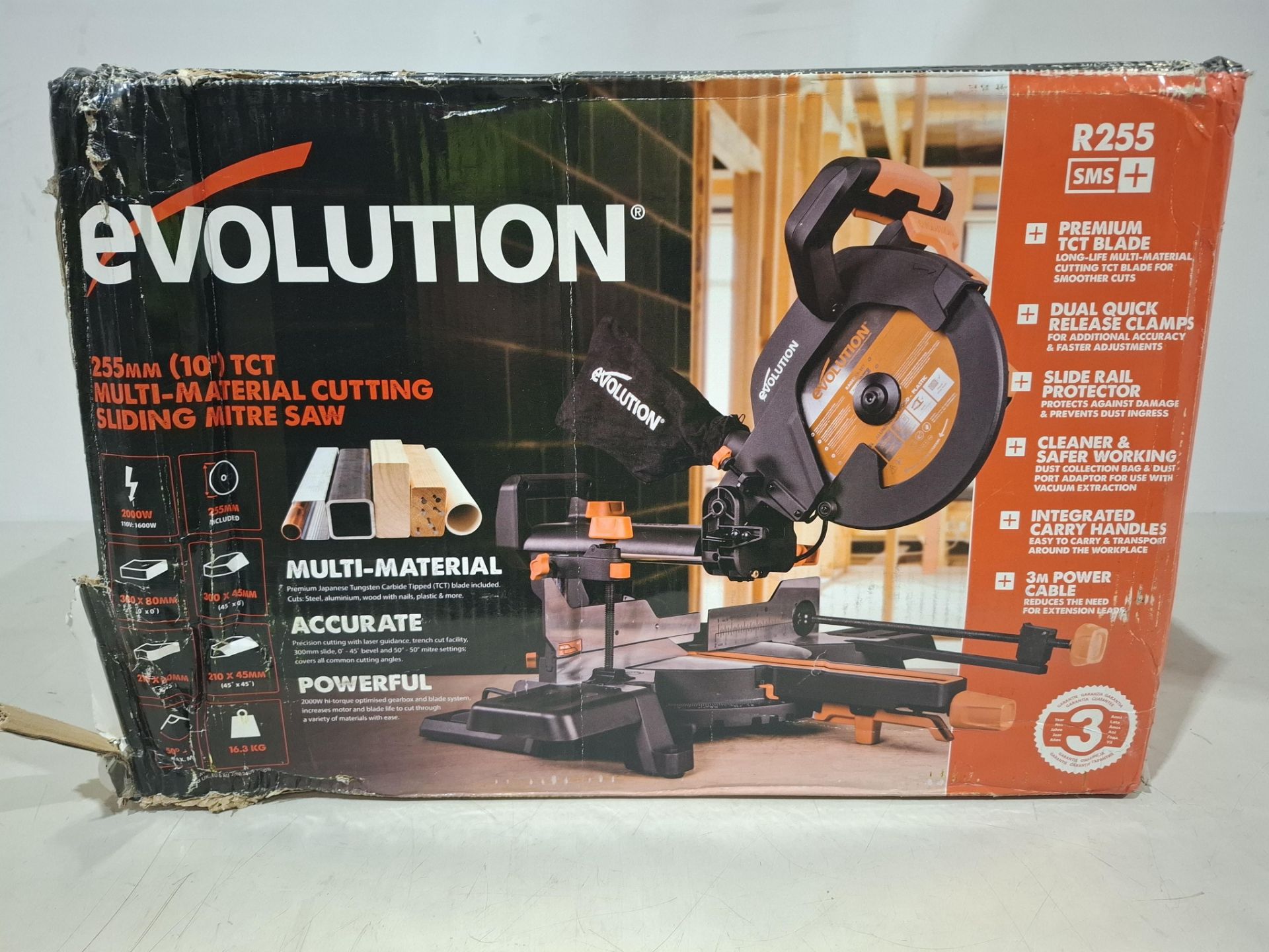 1 X BRAND NEW IN BOX EVOLUTION R255MS 255MM 10 INCH SLIDING MITRE SAW 110V ( NOTE BOX DAMAGED )