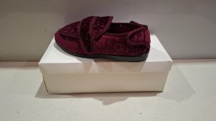 32 X BRAND NEW JO & JOE GLADYS SLIPPERS IN WINE IN SIZE 4 , 5 , 6 , 7 AND 8 IN TWO BOXES