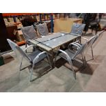 1 X 7 PIECE GARDEN LOT TO INCLUDE 1 X LINEA GLASS TOP TABLE ,  6 X METAL FRAMED STACKABLE  CHAIRS