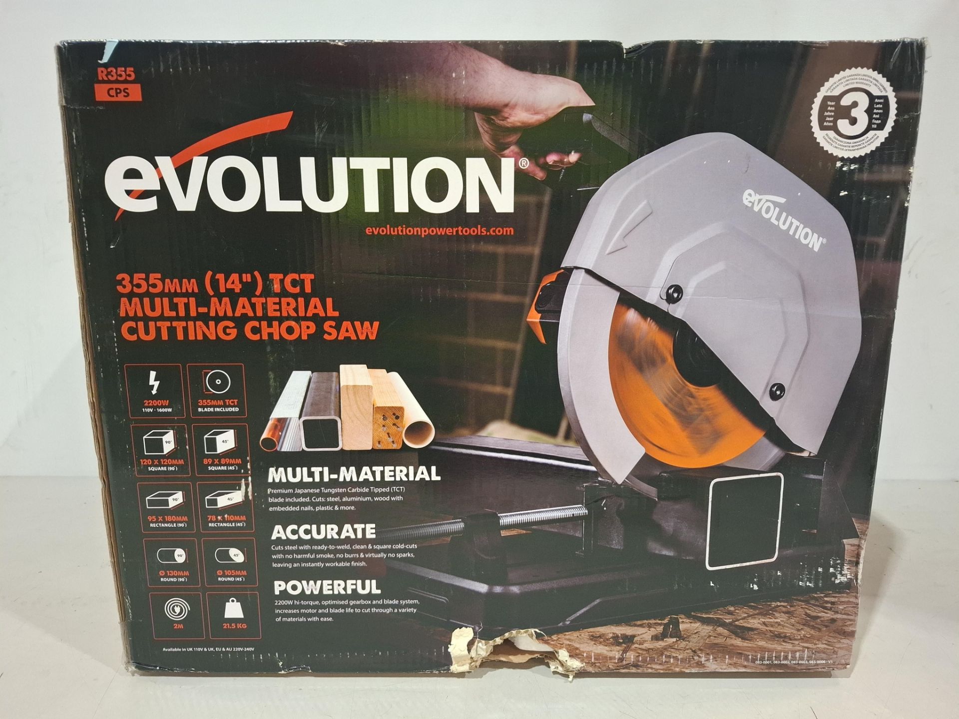 1 X BRAND NEW IN BOX EVOLUTION R355CPS 255MM 14 INCH MULTI-MATERIAL CUTTING CHOP SAW 110V