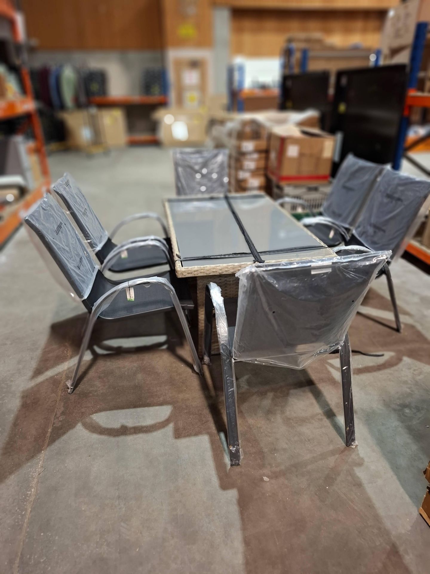 1 X 7 PIECE GARDEN LOT TO INCLUDE 1 X LINEA GLASS TOP TABLE ,  6 X METAL FRAMED STACKABLE  CHAIRS - Image 2 of 3