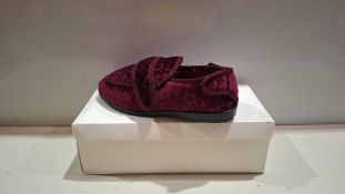 32 X BRAND NEW JO & JOE GLADYS SLIPPERS IN WINE IN SIZE 4 , 5 , 6 , 7 AND 8 IN TWO BOXES