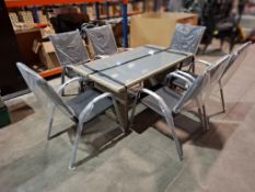 1 X 7 PIECE GARDEN LOT TO INCLUDE 1 X LINEA GLASS TOP TABLE ,  6 X METAL FRAMED STACKABLE  CHAIRS