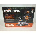 1 X BRAND NEW IN BOX EVOLUTION R185SMS-KI 185MM CORDLESS SLIDING MITRE SAW 110V ( NOTE BOX DAMAGED B