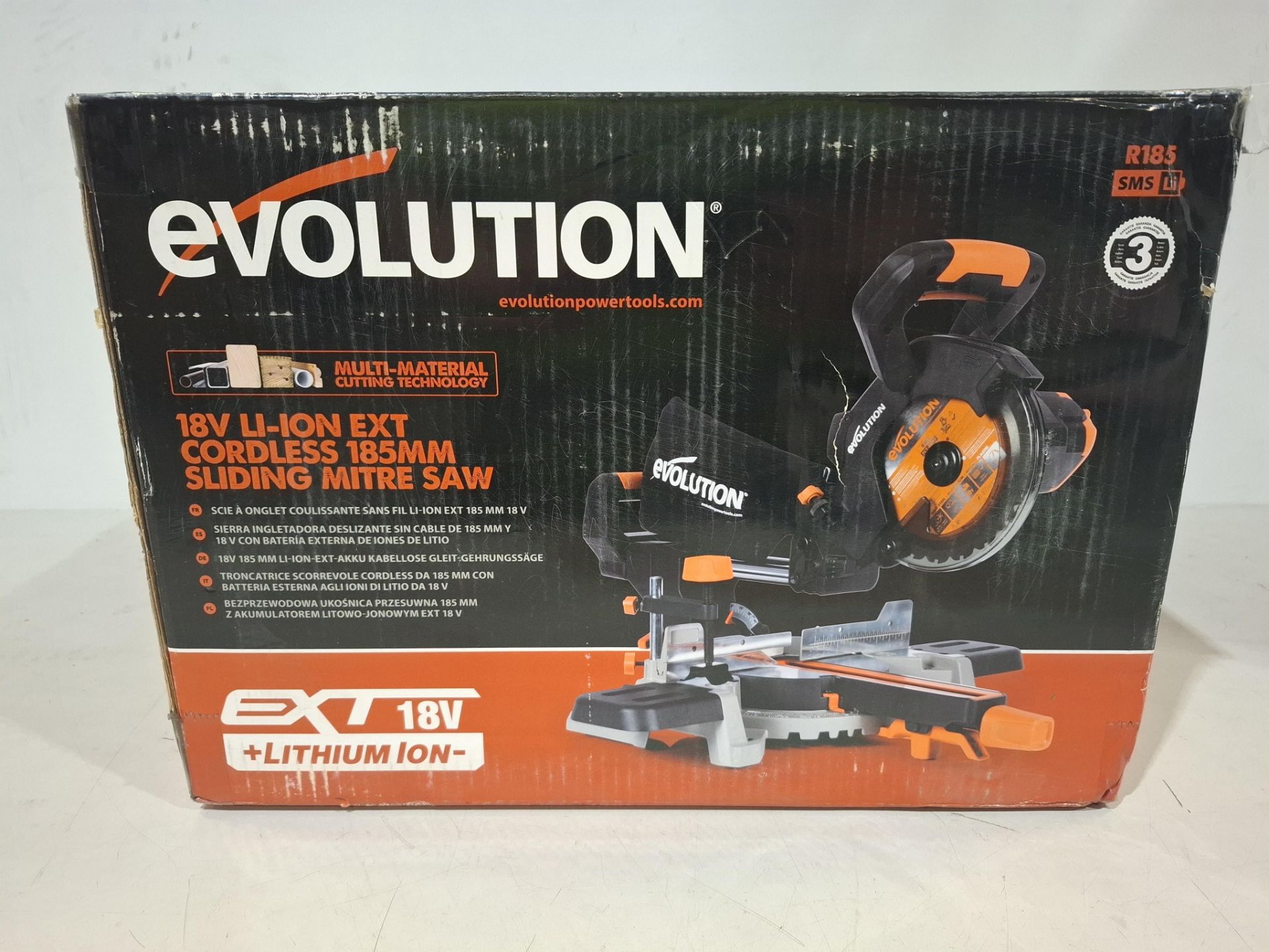 1 X BRAND NEW IN BOX EVOLUTION R185SMS-KI 185MM CORDLESS SLIDING MITRE SAW 110V ( NOTE BOX DAMAGED B