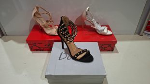 54 X BRAND NEW PAIRS OF MIXED SHOES LOT TO INCLUDE SABATINE OPEN TOE HIGH HEELS IN NAVY , DIVINE