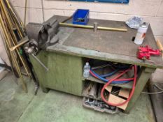 3 VARIOUS WORK BENCHE3S EACH WITH A BENCH VICE