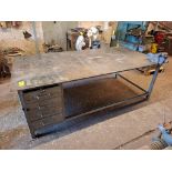LARGE STEEL ENGINEERS TABLE WITH VICE AND 8 DRAWERS