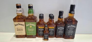 9 X BRAND NEW ALCOHOL LOT TO INCLUDE 7 X JACK DANIELS WHISKEY IN VARIOUS BOTTLE SIZES 700ML , 35CL ,