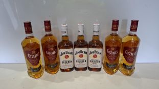 7 X BRAND NEW ALCOHOL LOT TO INCLUDE 4 X GRANT'S TRIPLE WOOD BLENDED SCOTCH WHISKEY 1L , 3 X JIM BEA