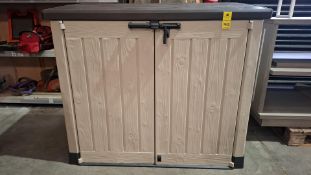 1 X KETER STORE IT OUTDOOR STORAGE BOX IN SIZE L 140 X W 80 X H 124 CM ( NOTE SOME DAMAGE TO THE BAC
