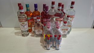 26 X BRAND NEW ALCOHOL LOT TO INCLUDE SMIRNOFF VODKA IN VARIOUS SIZE BOTTLES 1L , 700ML , 35CL ,20CL