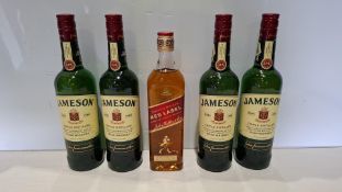 5 X BRAND NEW ALCOHOL LOT TO INCLUDE 4 X JAMESON TRIPLE DISTILLED IRISH WHISKEY 70CL , 1 X JOHNNIE W