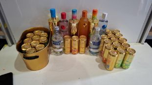30 X BRAND NEW ALCOHOL LOT TO INCLUDE 3 X AU VODKA IN MIANI MANGO , BLUE RASPBRRY AND BUBBLE GUM 70C