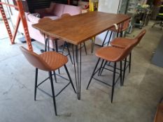 1 X INDUSTRIAL - STYLE WOODEN BAR TABLE PAIRED WITH 6 X BROWN FAUX - LEATHER BAR STOOLS