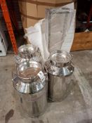 4 X MIXED LOT TO INCLUDE 3 X 50 LITRE STAINLESS STEEL MILK CHURNS , 1 X STAINLESS STEEL STAND