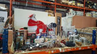 FULL BAY OF MIXED CHRISTMAS LOT TO INCLUDE ACRYLIC STANDING REINDEER ,1.8M BROWN FLOCKED WILLOW TREE