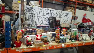 FULL BAY OF MIXED CHRISTMAS LOT TO INCLUDE LED MERRY CHRISTMAS SIGN , ACRYLIC SNOWMAN , 1.2M LIT