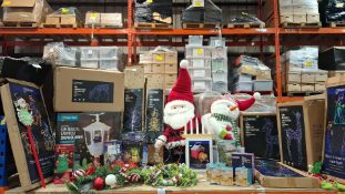 FULL BAY OF MIXED CHRISTMAS LOT TO INCLUDE LARGE PLUSH SANTA DECORATION , 1.8M MUSICAL LAMPPOST