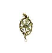 An enamel and pearl pendant, length including bale 3.7cm, width 1.7cm, unhallmarked, stamped '