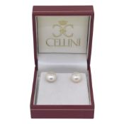 A pair of cultured freshwater pearl ear studs, stamped '18CT', weight 1.8g, cased by Cellini