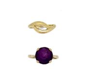 A purple paste single stone ring, size M, stamped '9CT', together with a hallmarked 9ct gold plain