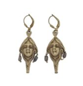 A pair of baroque pearl ear pendants, each depicting a female face, with two baroque pearls,