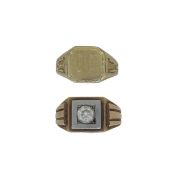 A two colour signet ring set with a colourless stone, stamped '750', weight 12.5g, together with
