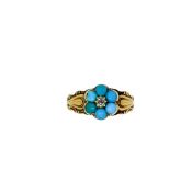 A turquoise and diamond memorial ring, head diameter 9.2mm, size K, unmarked, tested as 15ct gold,