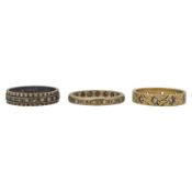 A trio of stone set rings, to incude, a diamond band, and a synthetic spinel band, both assessed