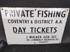 Private Fishing Coventry & District A.A Day Tickets single-sided enamel advertising sign, 18x12ins