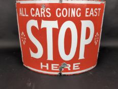 All Cars Going East Stop Here curved post-mounted tramway enamel sign