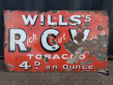 Wills's RCV Rich Cut Virginia Tobacco 4d an Ounce, single-sided enamel advertising sign, losses,