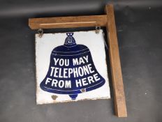 You May Telephone From Here pictorial double-sided enamel advertising sign with wall hanging