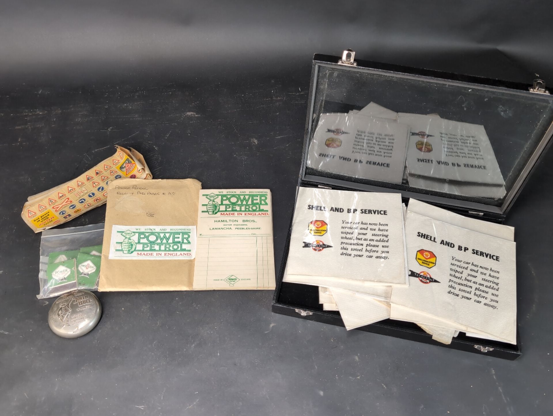 John Bull snuff tin t/w Power Petrol invoices, Shell & Esso tissues etc