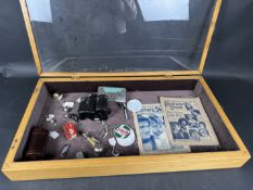 Qty vintage and veteran motoring fittings to inc' Lucas fuse box, coils etc, in glazed display case