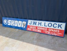 Skoda J.W.H Lock Sales Service Spares MOT Testing advertising sign, painted steel with wooden frame,