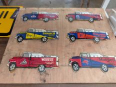 6no. Enamel truck signs 12x5ins each, Firestone, Mobiloil etc mounted on timber board, reproductions
