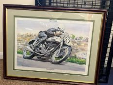 Norton Motorcycles 'Dukes Kingdom' signed by Geoff Duke print, framed and glazed, 24x31ins