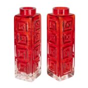Geoffrey Baxter (British 1922-1983) for Whitefriars Pair of Greek Key Vases, Model no 9810, in Ruby 