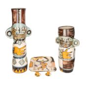 Sarah J Crouch aka Poppxi (British, b.1960) Two Studio Pottery twin handled vessels and square dish