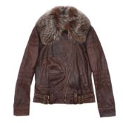Dolce & Gabbana Brown Leather Fur Collar Jacket - Size S-M