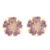 A pair of amethyst and paste flower stud earrings Yellow metal