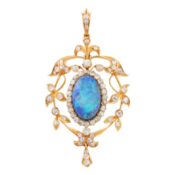 An opal and diamond pendant, early 20th century Yellow metal