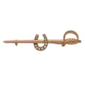 A sword and horseshoe seed pearl brooch Yellow metal